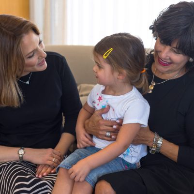 Women and little girl sitting on couch
