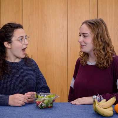 Two young women talking over lunch