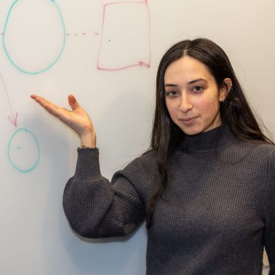 Woman pointing to drawing on whiteboard 3
