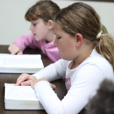 Two Young Girls Focused on Homework and Reading Books